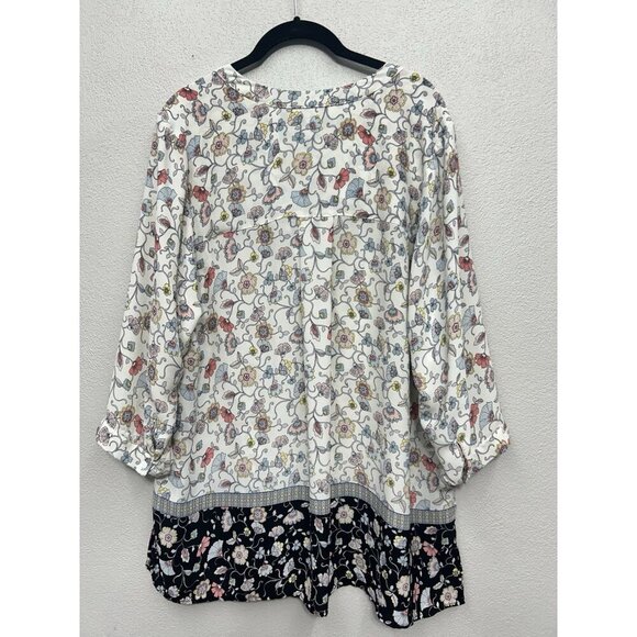 Rose & Olive top 1X Floral Button V Neck 3/4 Sleeve Popover whimsical career - Picture 2 of 5